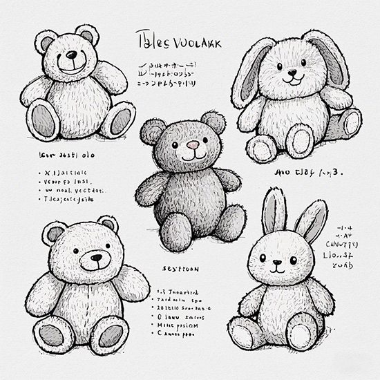 Design sketches for several different plush toys