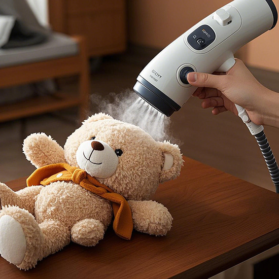 Picture of sterilizing a stuffed animal using a steam ironing machine