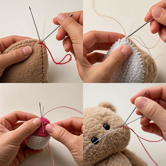 Stitch demonstration when hand sewing a stuffed animal