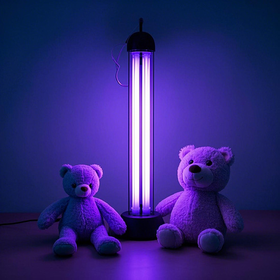 Stuffed animals are placed under the ultraviolet sterilizing lamps