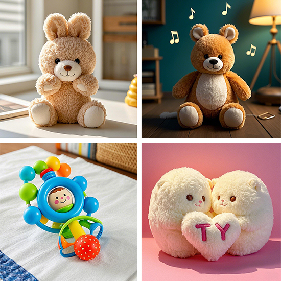 4 Safe Plush Toy Recommendations for Babies.Jellycat Bashful Bunny、Baby Gund Animated Singing Plush、TY First Years® Cuddle Plush and Manhattan Toy Winkel Rattle & Sensory Teether