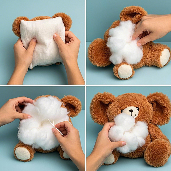 Demonstrate how to evenly fill the inside of a stuffed animal with cotton padding