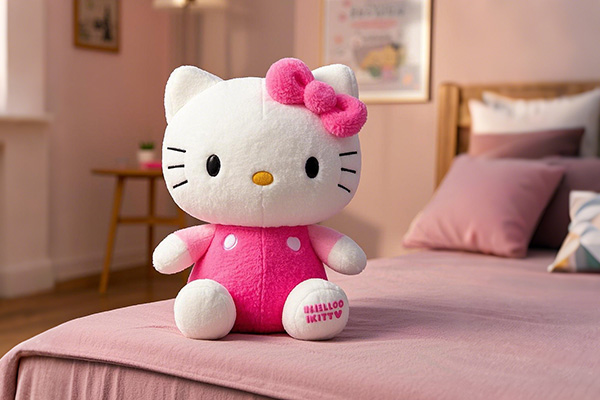 A Hello kitty stuffed animal sitting on a pink bed