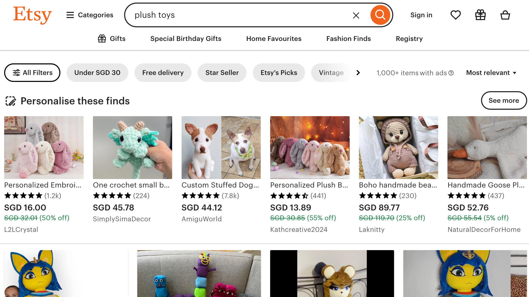 Etsy online shopping platform search results for plush toys