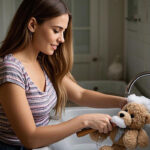 a woman washing a teddy bear