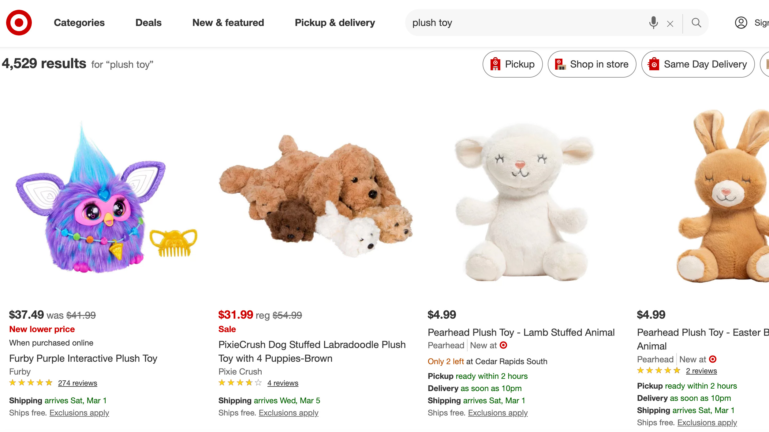 Target online shopping platform search results chart for plush toys